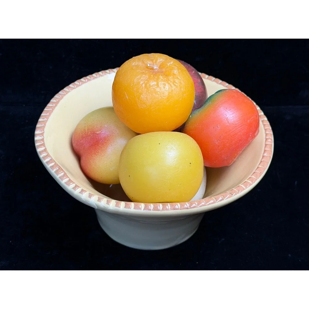 Italy Yellow Ceramic Bowl Scalloped Rim with 6 Wax Fruit Candles Set